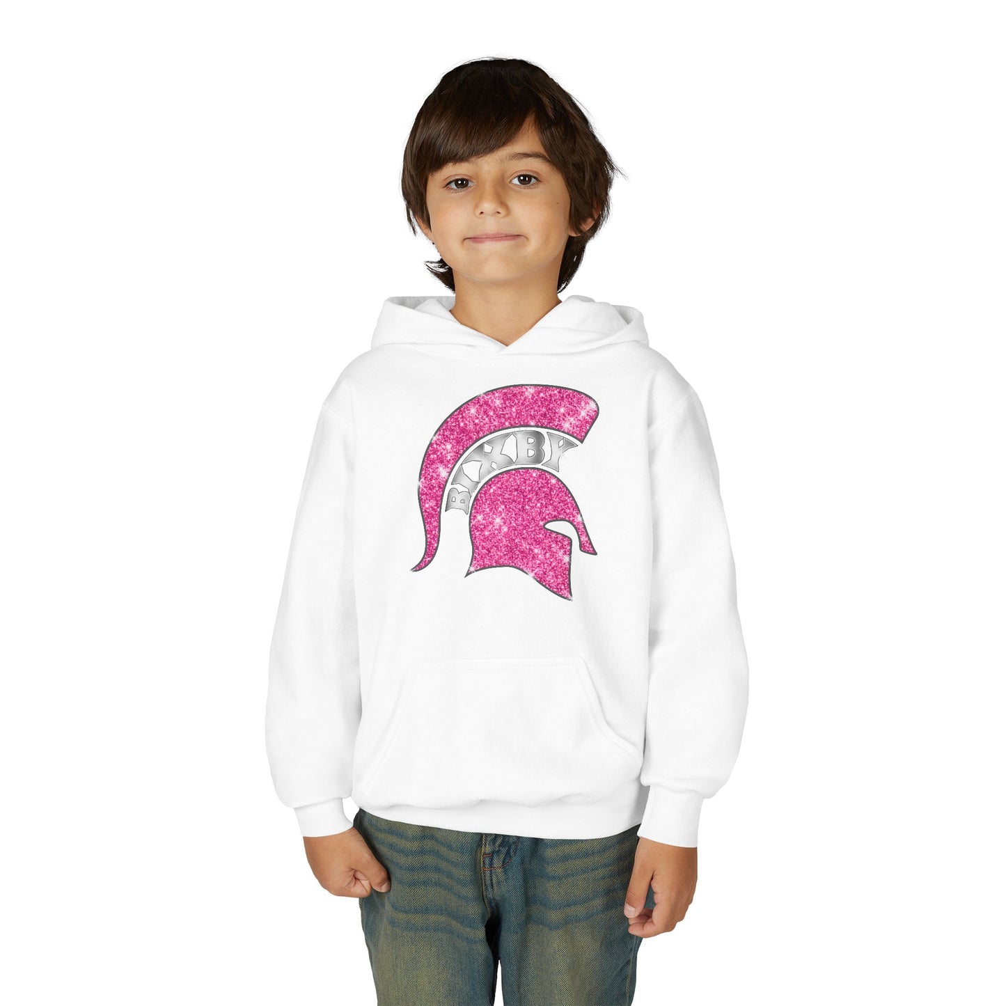 Bixby Spartan Pink Helmet Bling Youth Gildan Hoodie
