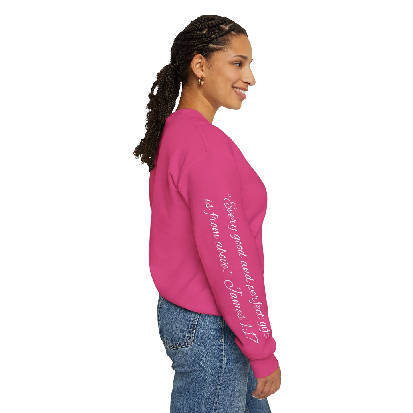 Spartan Santa Gildan Sweatshirt With James 1:17 "Every Good and Perfect Gift" Sleeve Print