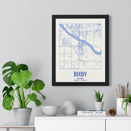Bixby, Oklahoma Street Map Framed Print - Royal Blue on Cream