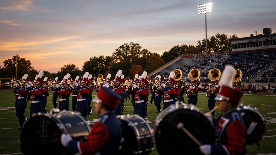 Marching band in red and blue uniforms performing on a stadium field at dusk