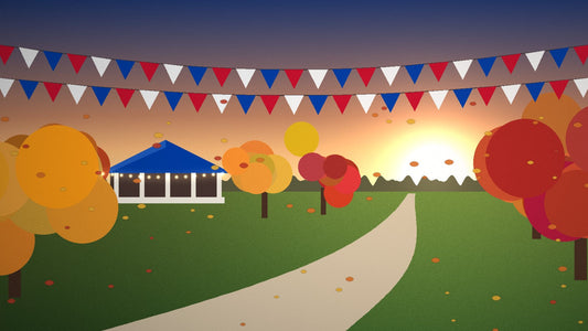 Autumn evening at a Bixby park with red, white and blue bunting
