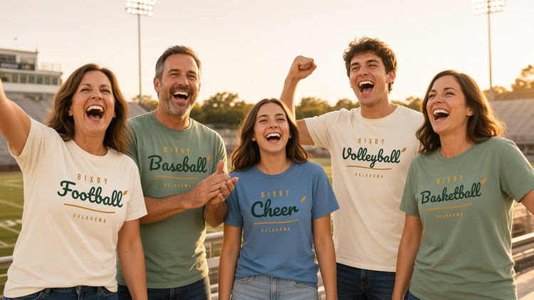 Friends in the stands wearing Bixby sport script tees