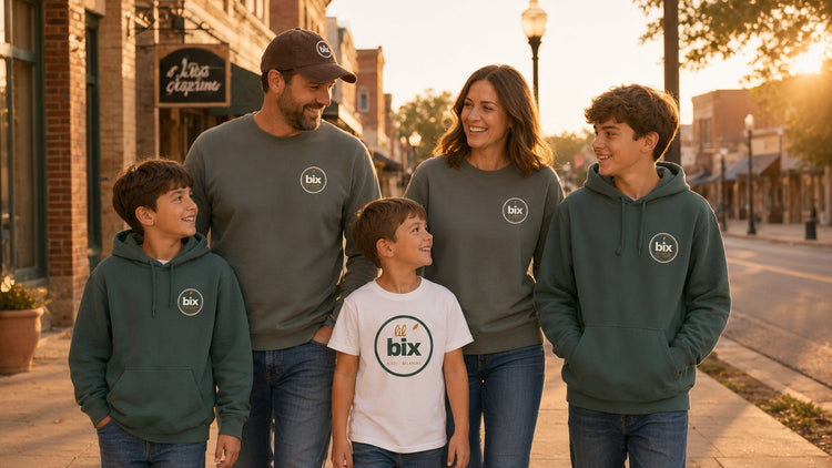 Family wearing bix stamp cap, crewneck, hoodies and lil bix youth tee