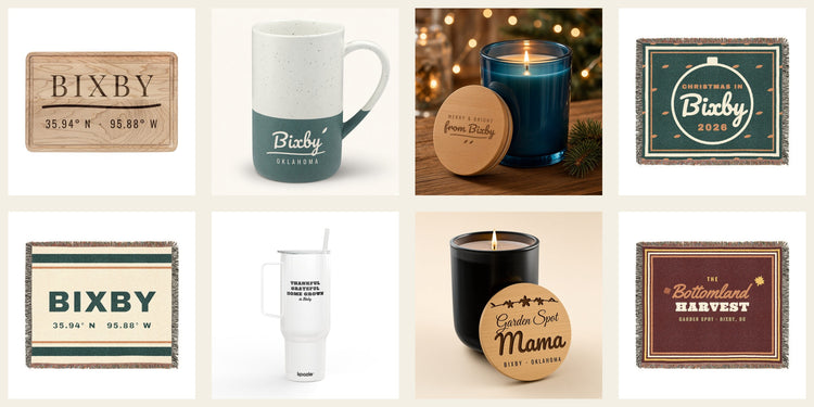 Bixby housewares: engraved board, mugs, candles, tumbler and throws