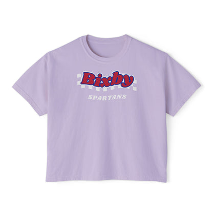 Bixby Spartans White Checker Retro Logo Women's Boxy Tee – Game Day Shirt