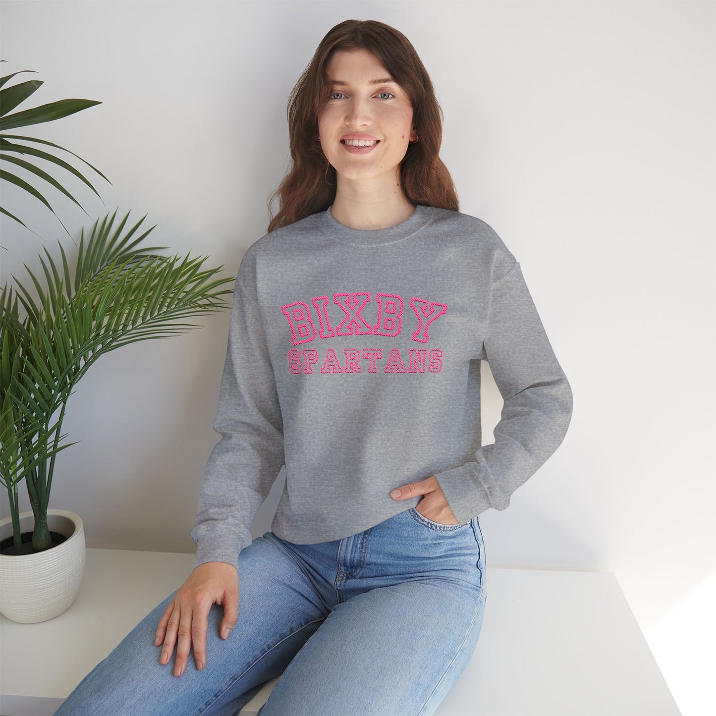 Bixby Spartans Embroidered Pink Font Gildan Sweatshirt