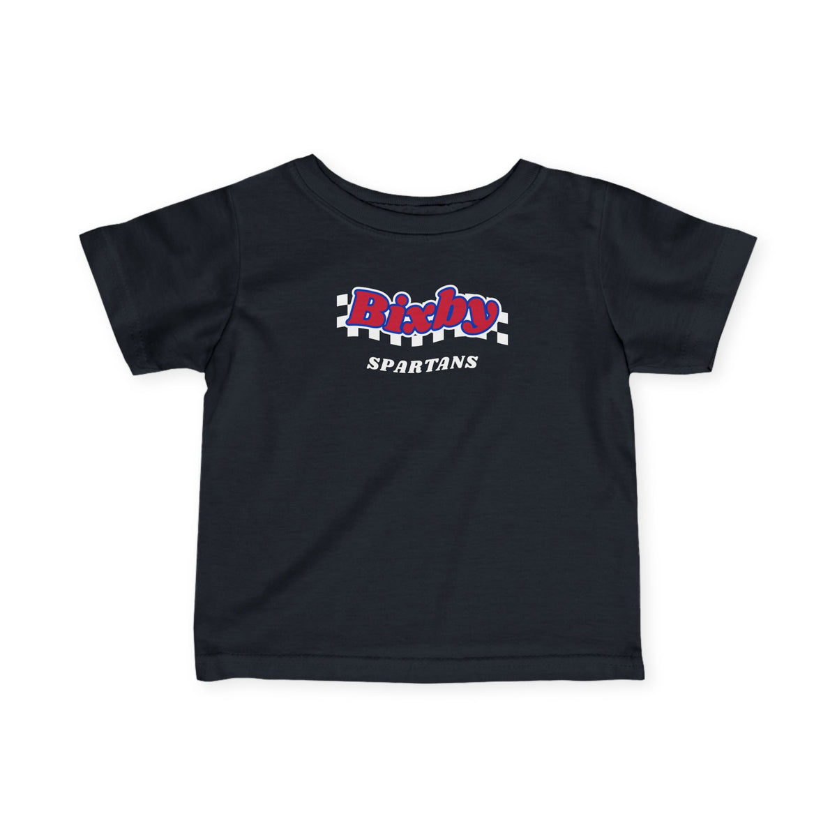 Bixby Spartans Retro Script Checkered Infant Tee – Baby Game Day Shirt