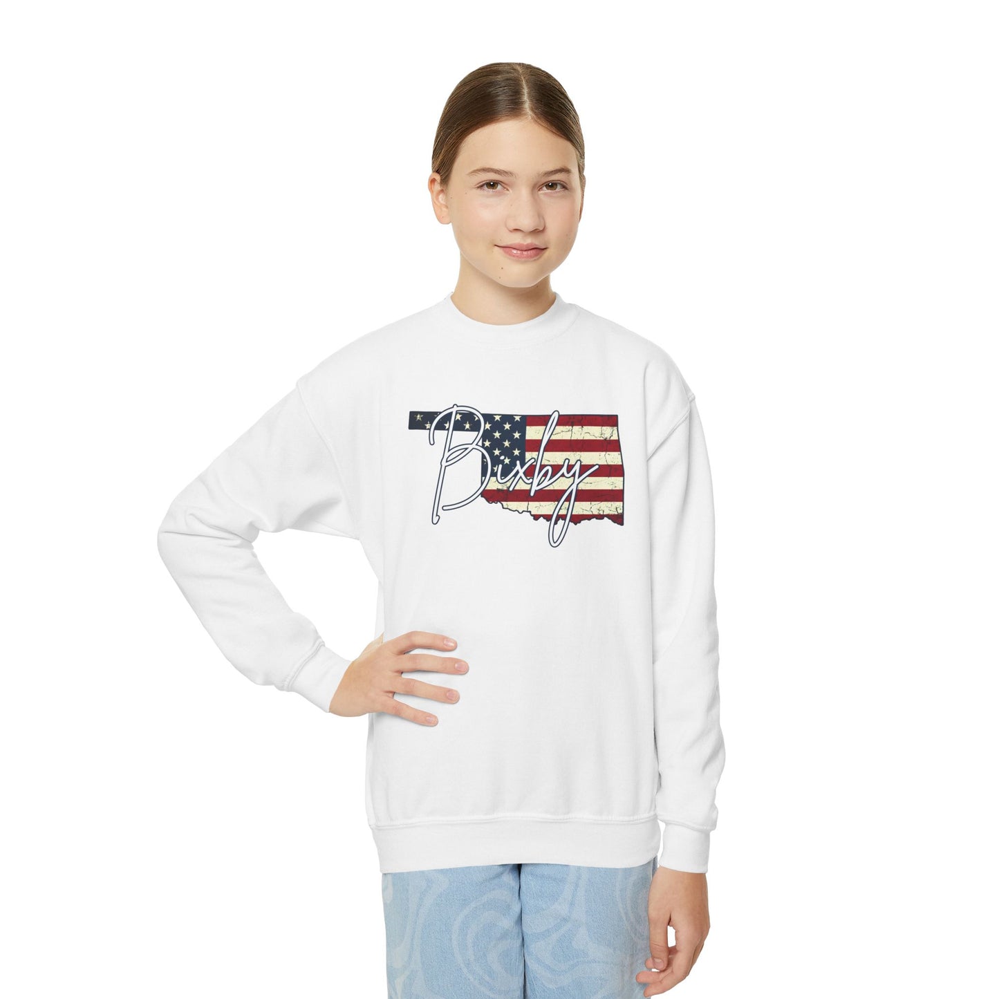 Oklahoma Flag Bixby Script Youth Gildan Sweatshirt