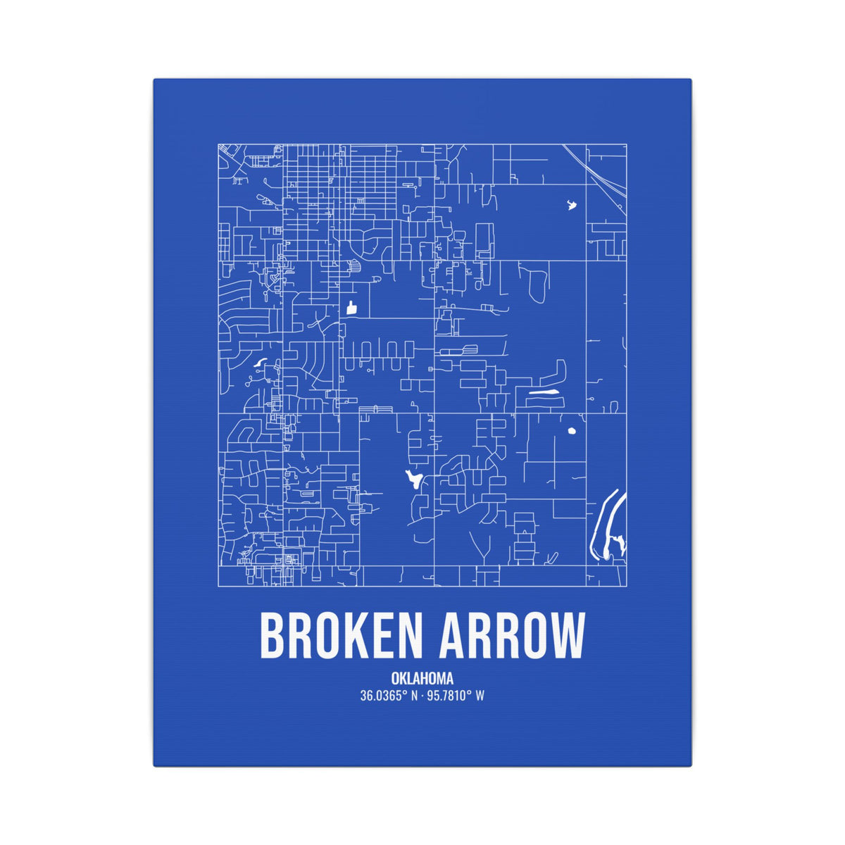 Broken Arrow Street Map Canvas, White on Royal Blue