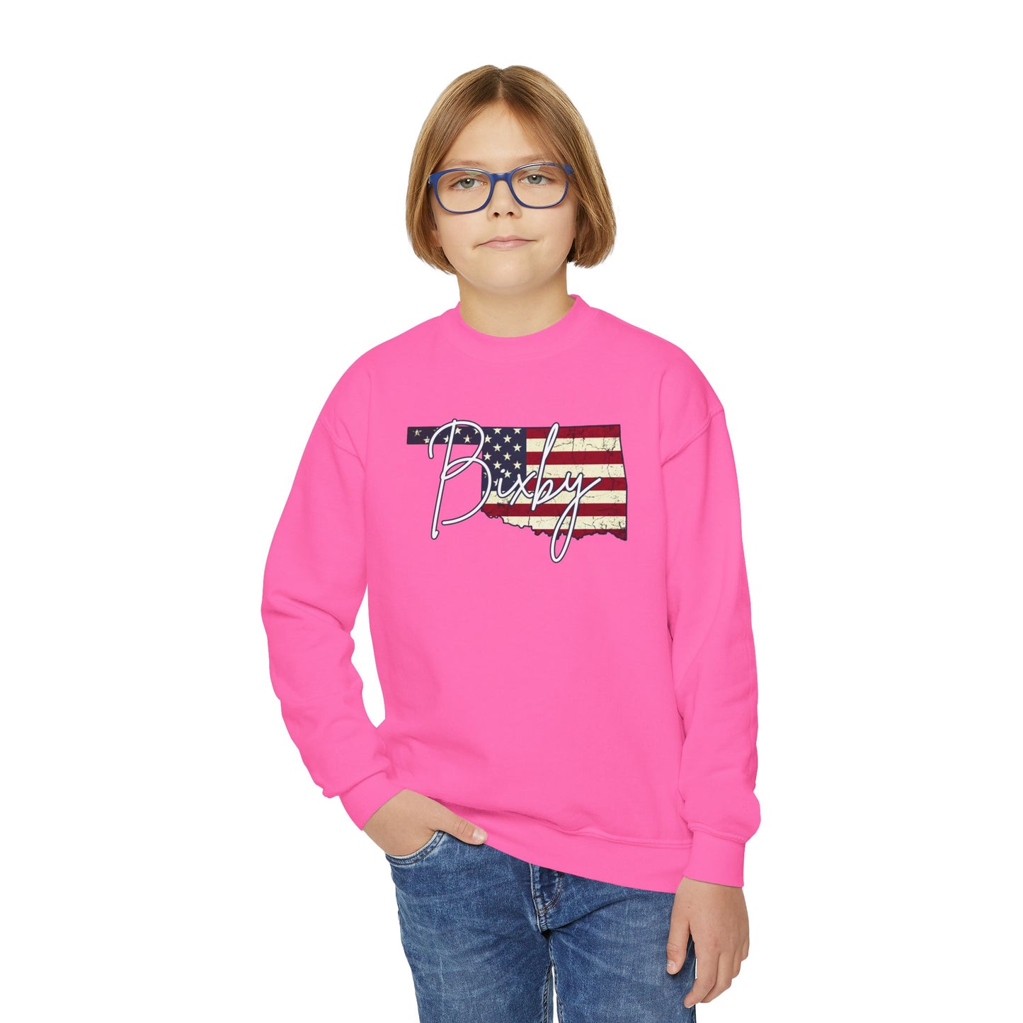 Oklahoma Flag Bixby Script Youth Gildan Sweatshirt