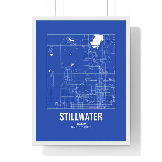 Stillwater Street Map Framed Print, White on Royal Blue