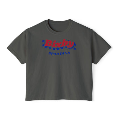 Bixby Spartans Navy Checker Retro Logo Women's Boxy Tee – Game Day Shirt