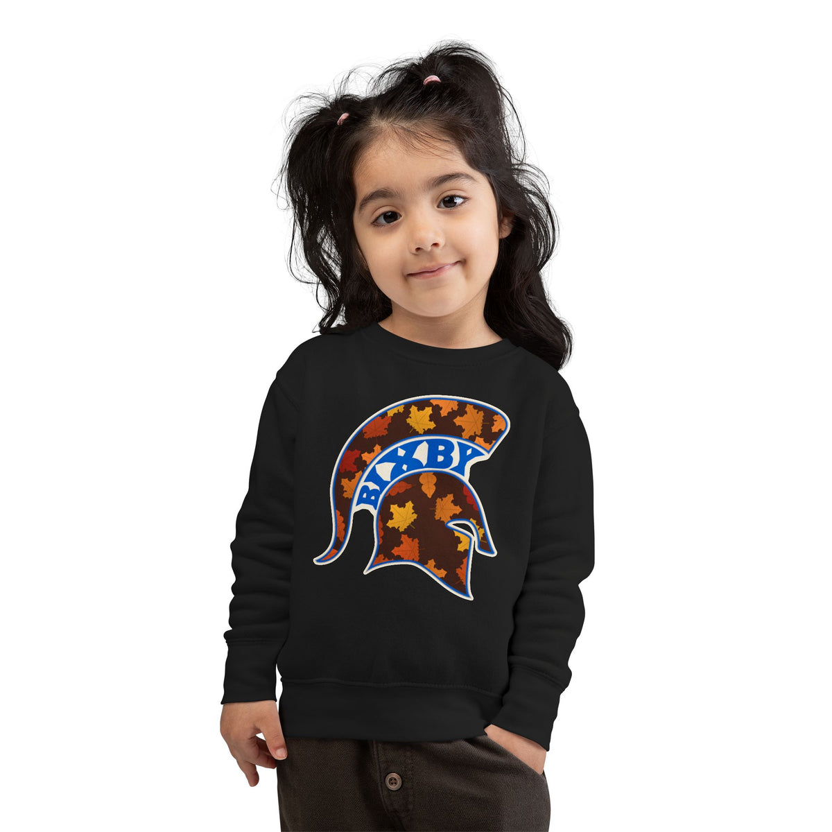 Bixby Spartans Fall Leaves Helmet Toddler Sweatshirt – Little Spartan Autumn Crewneck