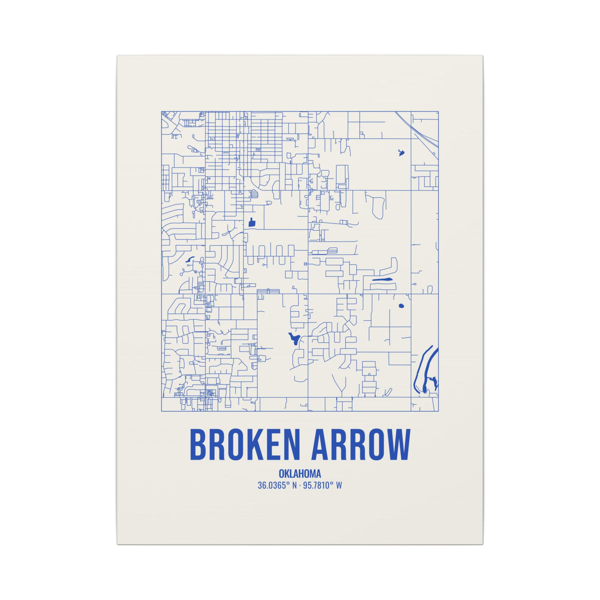 Broken Arrow Street Map Canvas, Royal Blue on Cream