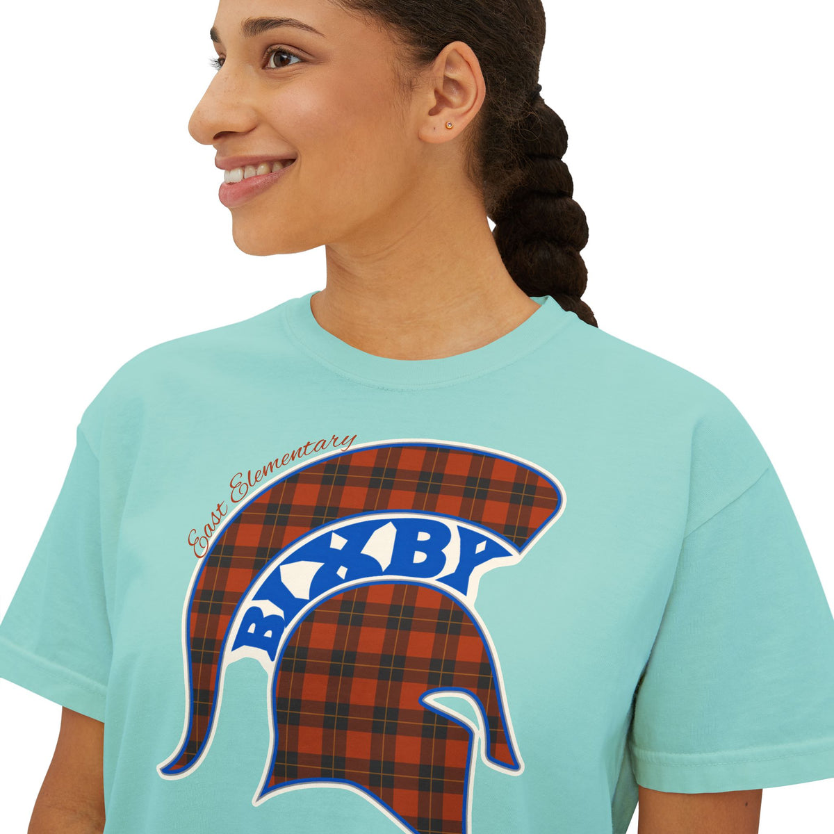 Bixby Spartans East Elementary Plaid Helmet Women's Boxy Tee – School Spirit Mom Shirt