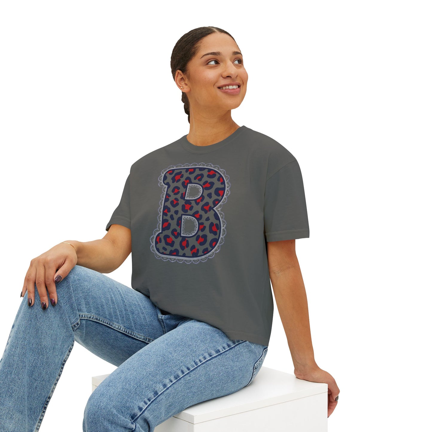 Leopard Print Initial 'B' Women's Boxy Comfort Colors Tee