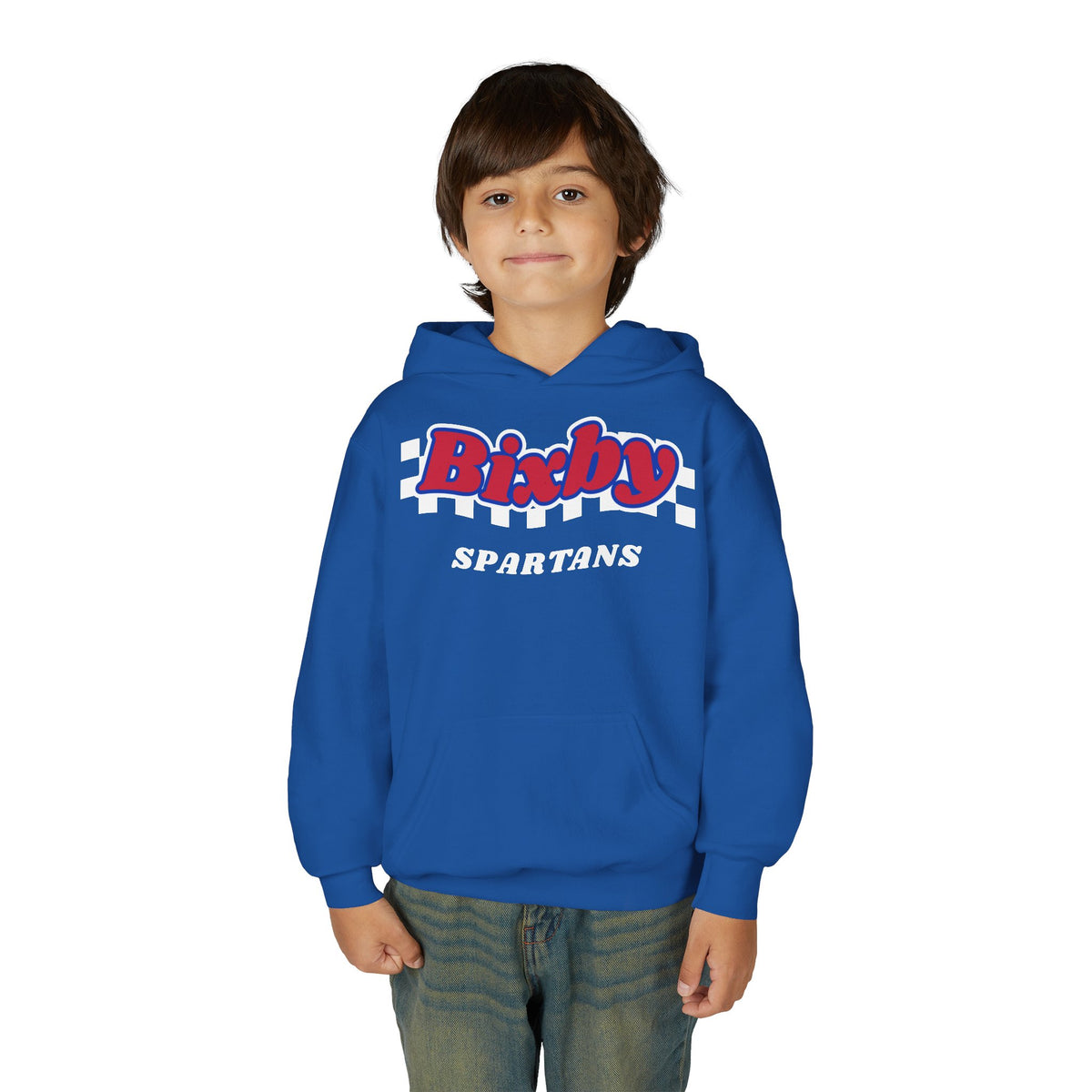 Bixby Spartans Retro Script Checkered Youth Hoodie – Kids Game Day Hoodie