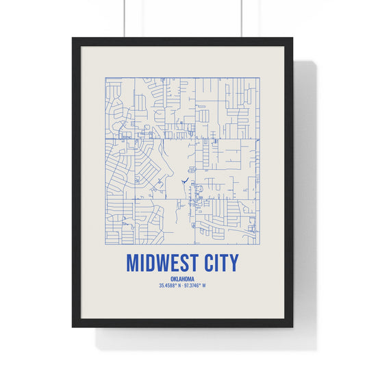 Midwest City Street Map Framed Print, Royal Blue on Cream