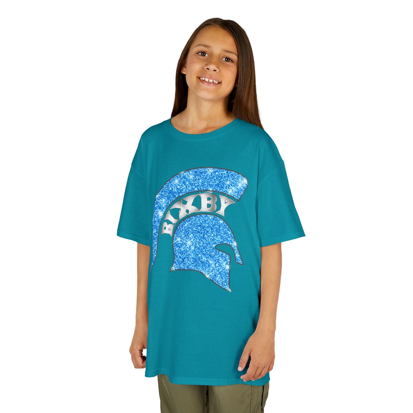 Bixby Spartan Blue Helmet Bling Youth Gildan Tee