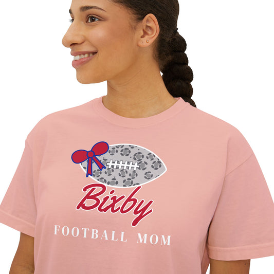 Bixby Spartans Football Mom Women's Boxy Tee – Leopard Football & Bow, White Lettering