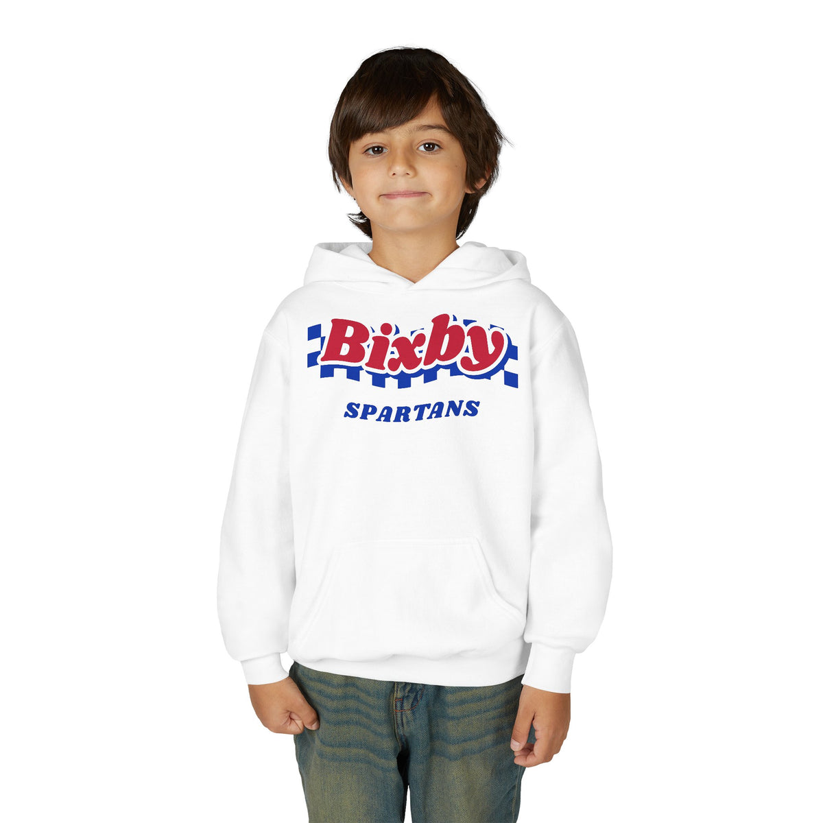 Bixby Spartans Retro Blue Checkered Script Youth Hoodie – Kids Vintage Game Day Hoodie