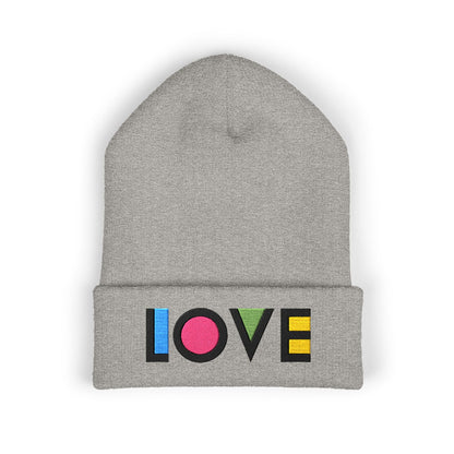 LOVE Embroidered Cuffed Beanie — Colorful Retro Knit Hat for Pride & Everyday Wear