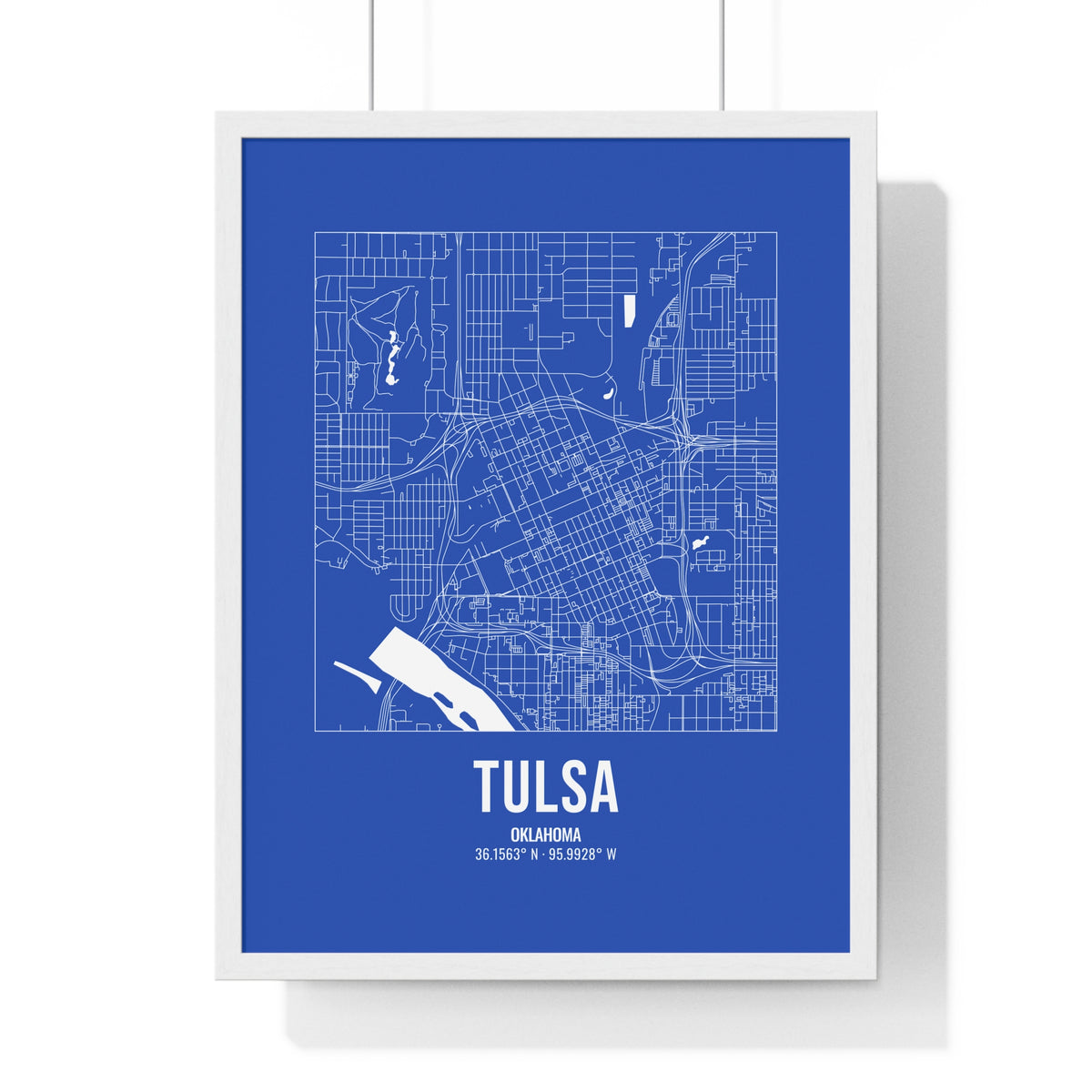 Tulsa Street Map Framed Print, White on Royal Blue
