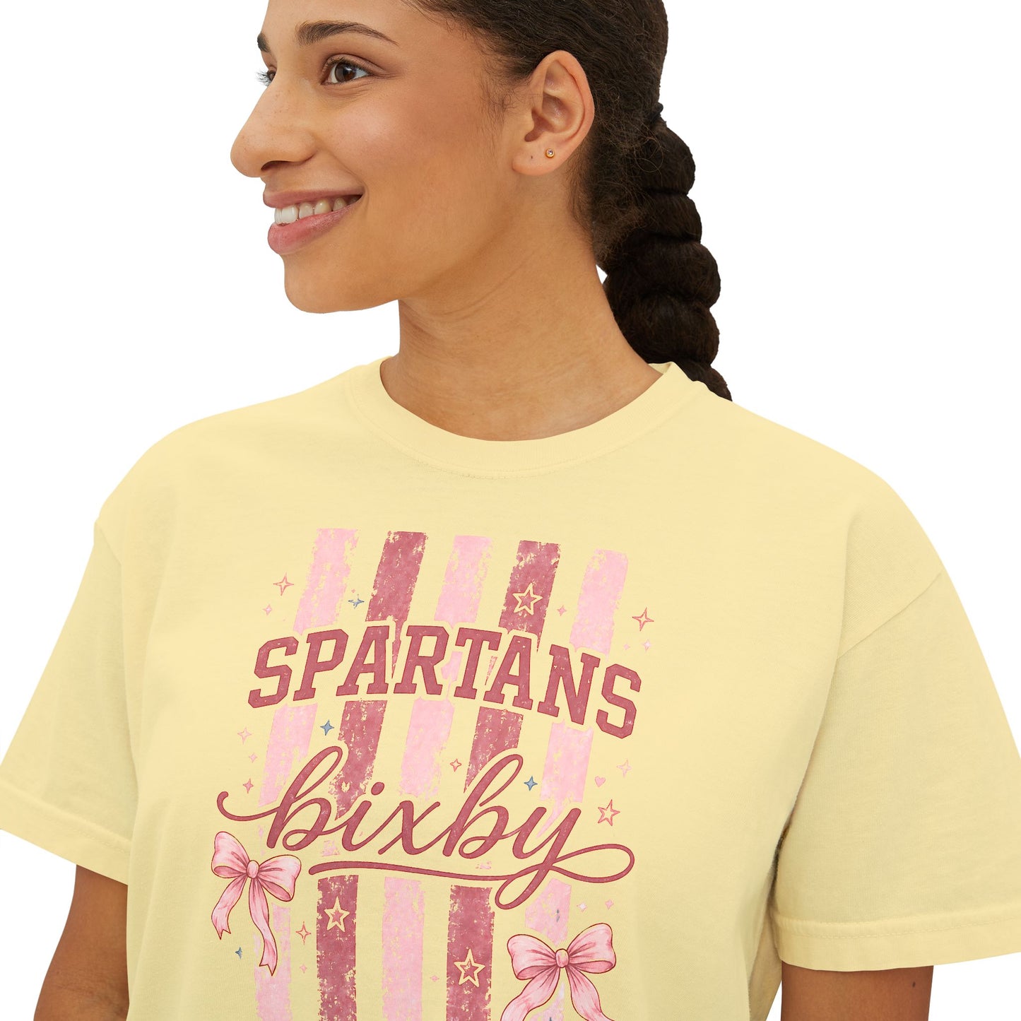 Spartans Bixby Women's Boxy Tee Pink Vintage Stripe Cheer Shirt