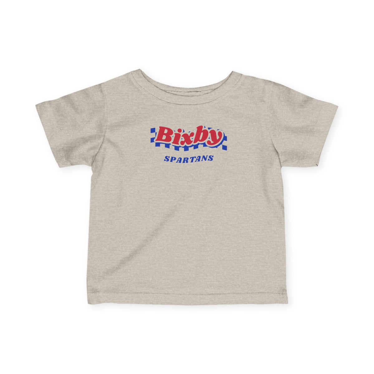 Bixby Spartans Retro Blue Checkered Script Infant Tee – Baby Vintage Spartan Shirt