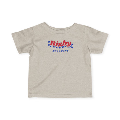 Bixby Spartans Retro Blue Checkered Script Infant Tee – Baby Vintage Spartan Shirt