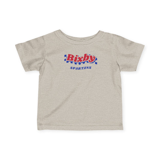 Bixby Spartans Retro Blue Checkered Script Infant Tee – Baby Vintage Spartan Shirt