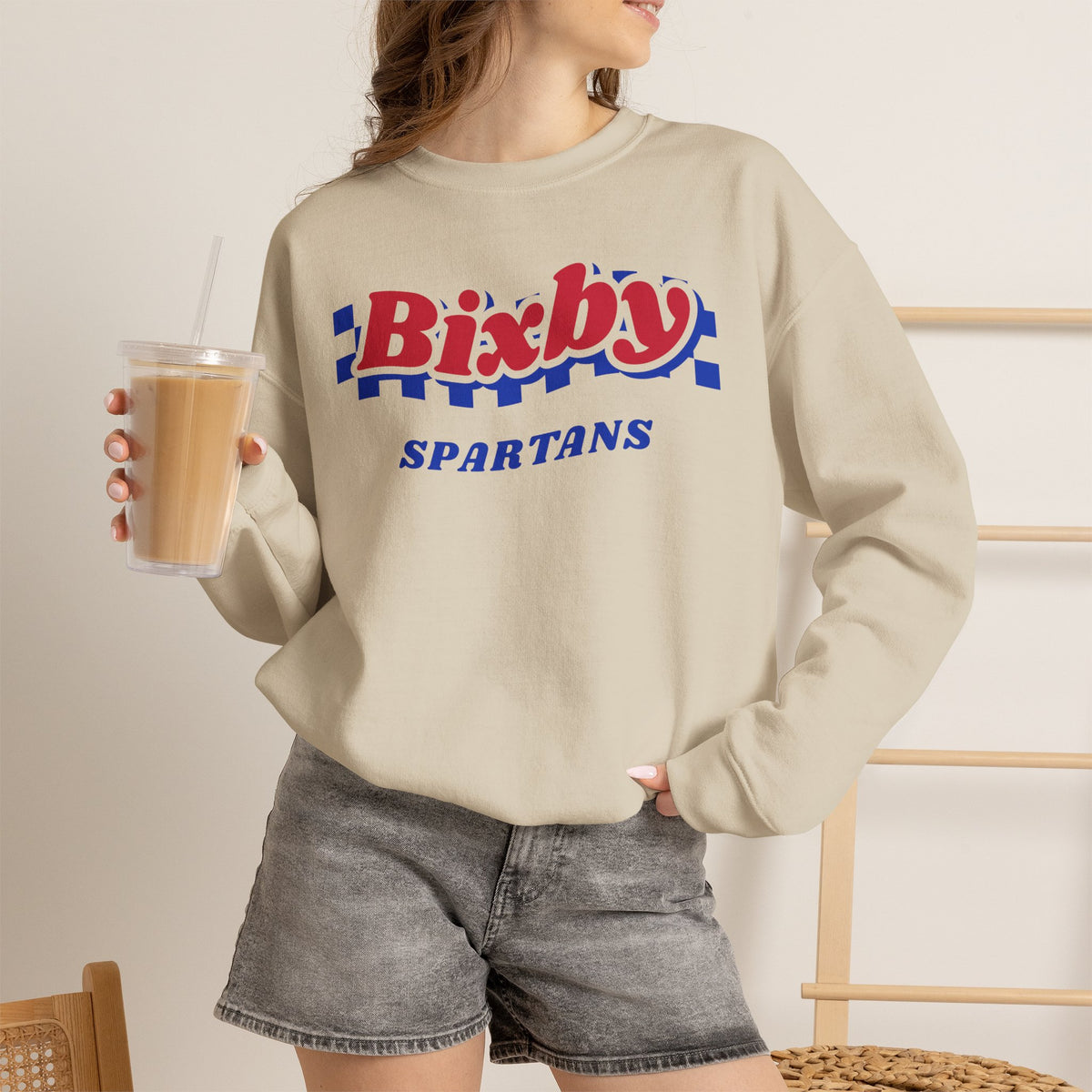 Bixby Spartans Retro Blue Checkered Script Sweatshirt – Vintage Game Day Crewneck