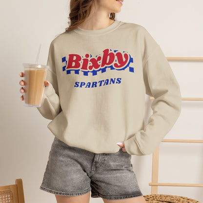 Bixby Spartans Retro Blue Checkered Script Sweatshirt – Vintage Game Day Crewneck