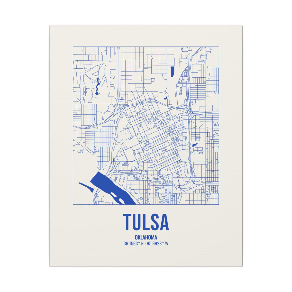 Tulsa Street Map Canvas, Royal Blue on Cream