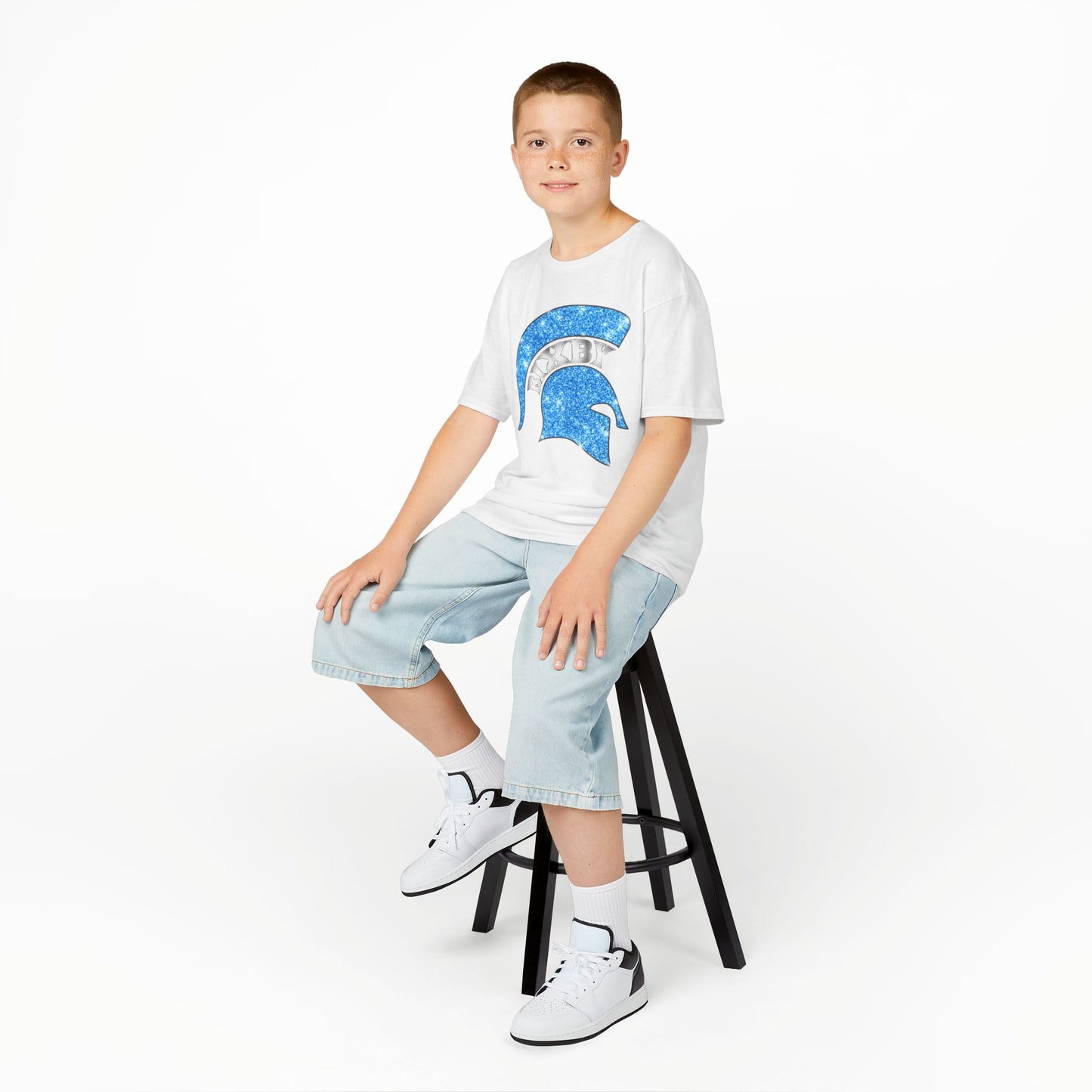 Bixby Spartan Blue Helmet Bling Youth Gildan Tee