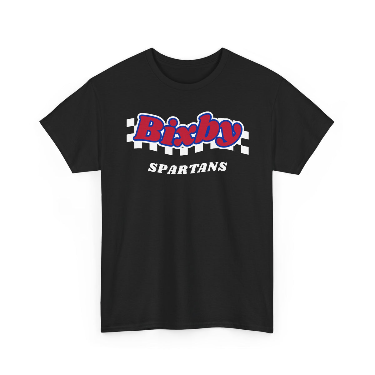 Bixby Spartans Retro Script Checkered Tee – Red, White & Blue Game Day Shirt