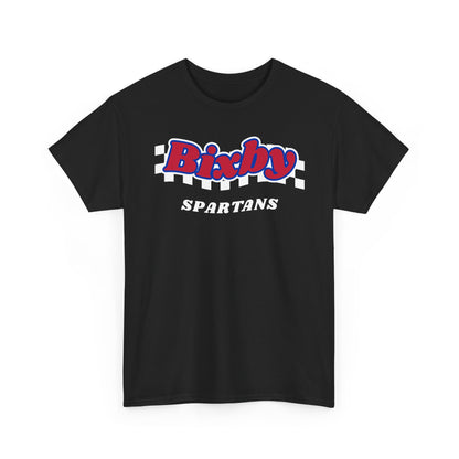 Bixby Spartans Retro Script Checkered Tee – Red, White & Blue Game Day Shirt