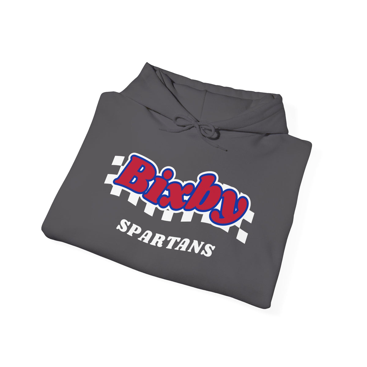 Bixby Spartans Retro Script Checkered Hoodie – Red, White & Blue Game Day Hooded Sweatshirt