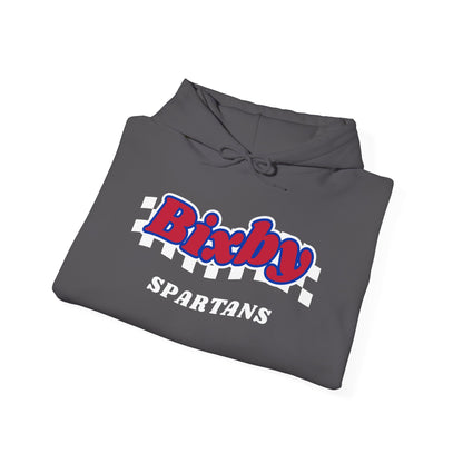 Bixby Spartans Retro Script Checkered Hoodie – Red, White & Blue Game Day Hooded Sweatshirt