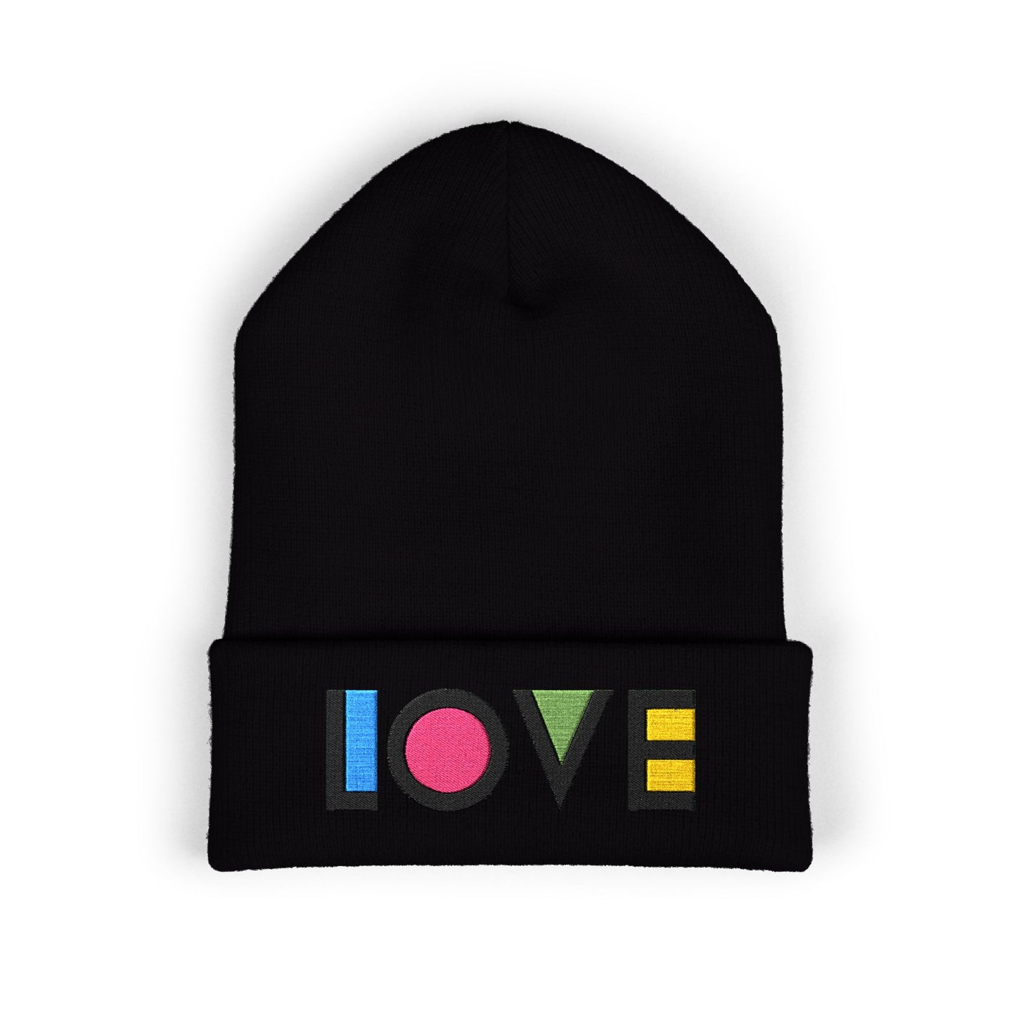 LOVE Embroidered Cuffed Beanie — Colorful Retro Knit Hat for Pride & Everyday Wear