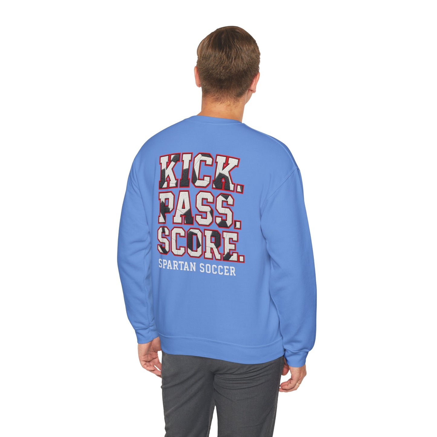 Kick. Pass. Score. Spartan Soccer Gildan Sweatshirt