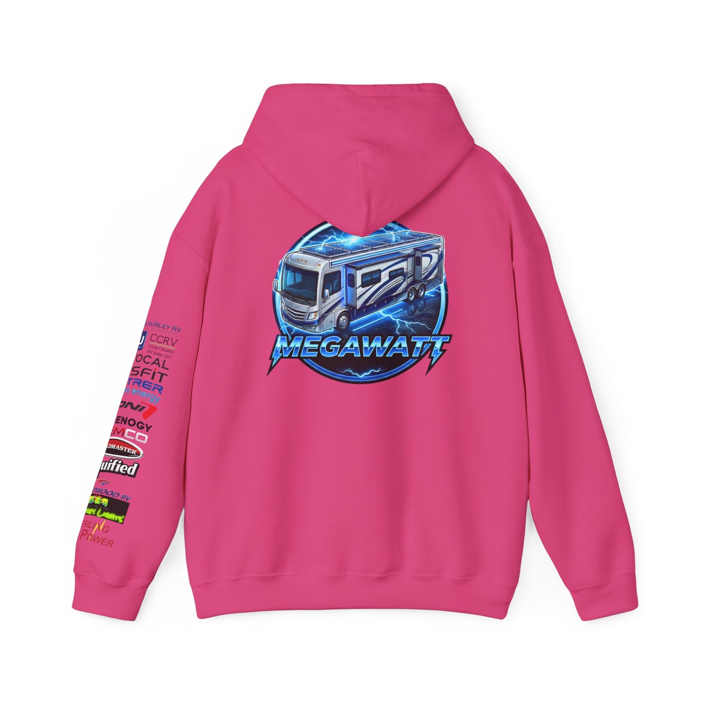 RV Megawatt Hoodie — Retro Camper Graphic Pullover with Sponsor Sleeve Logos