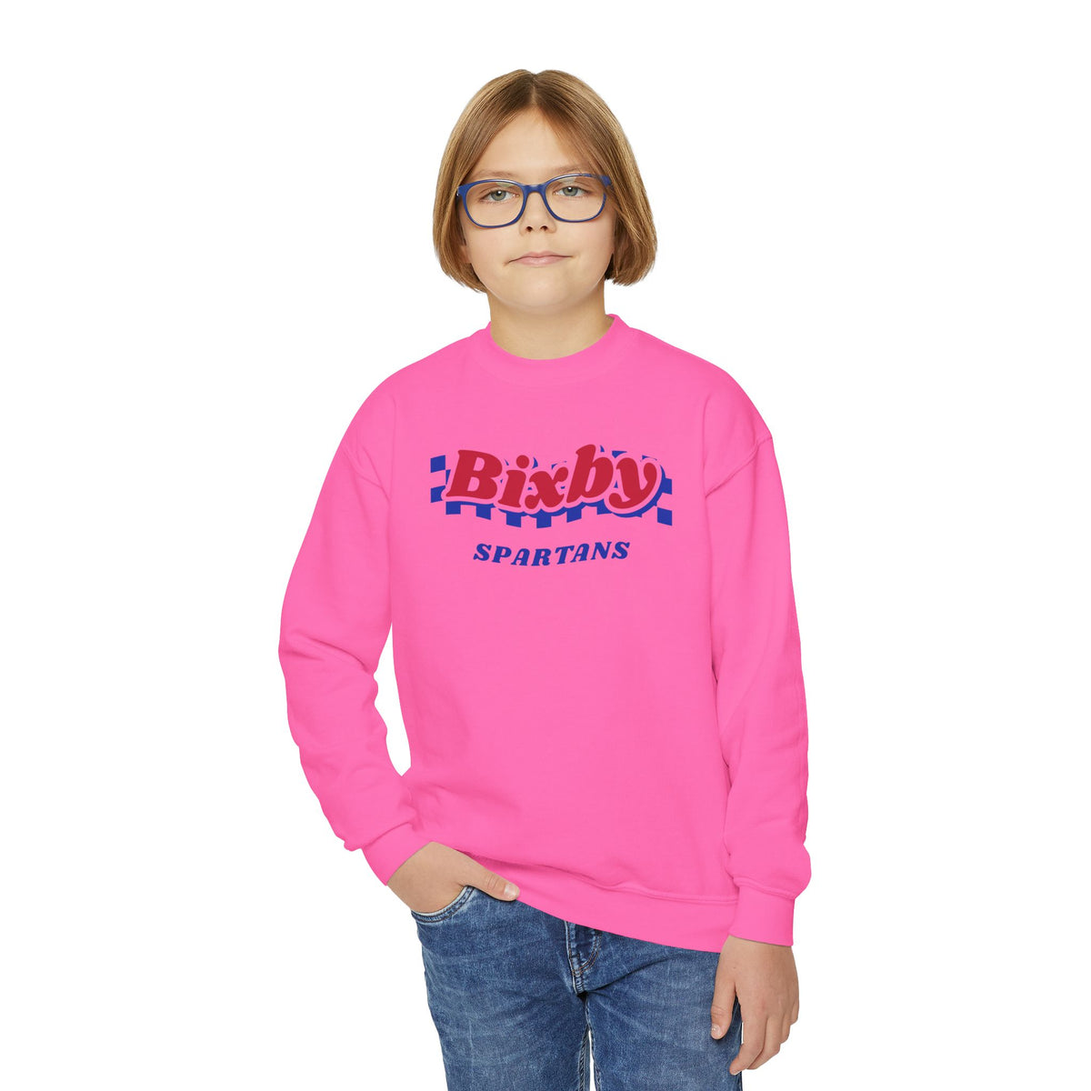 Bixby Spartans Retro Blue Checkered Script Youth Sweatshirt – Kids Vintage Crewneck