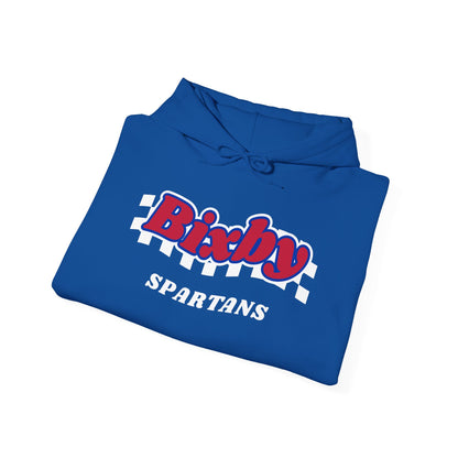Bixby Spartans Retro Script Checkered Hoodie – Red, White & Blue Game Day Hooded Sweatshirt