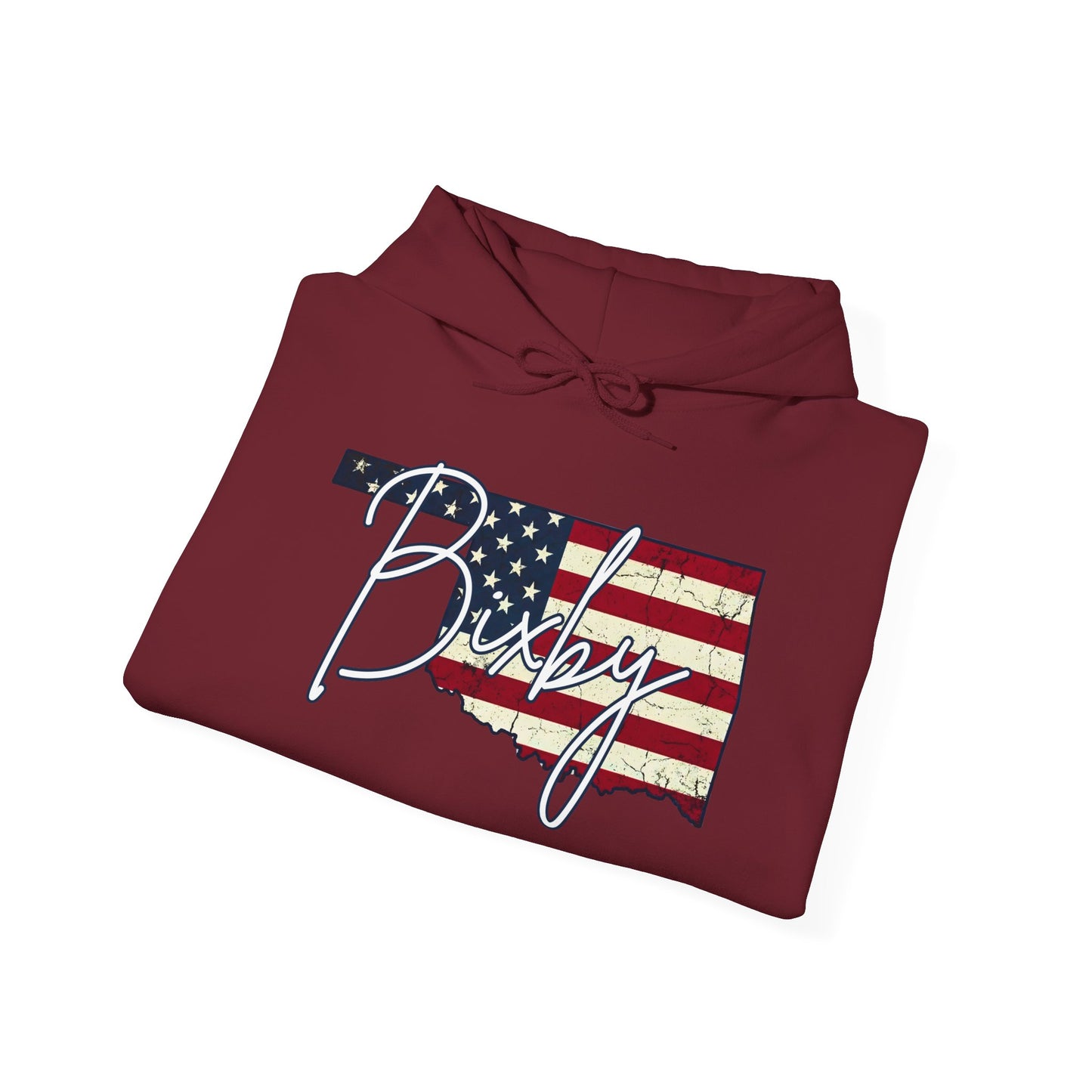 Oklahoma Flag Hoodie with "Bixby" Script Gildan Hoodie