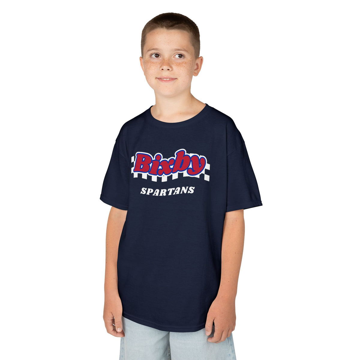 Bixby Spartans Retro Script Checkered Youth Tee – Kids Red, White & Blue Game Day Shirt