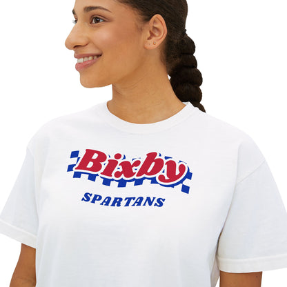 Bixby Spartans Navy Checker Retro Logo Women's Boxy Tee – Game Day Shirt
