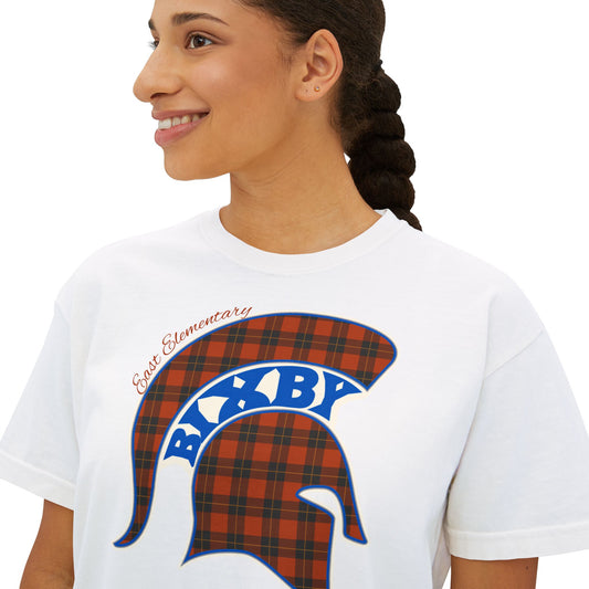 Bixby Spartans East Elementary Plaid Helmet Women's Boxy Tee – School Spirit Mom Shirt