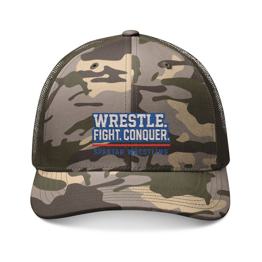 Bixby Wrestle. Fight. Conquer. Camouflaged Trucker Snapback