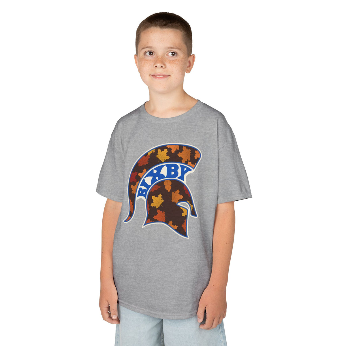 Bixby Spartans Fall Leaves Helmet Youth Tee – Kids Autumn Game Day Shirt
